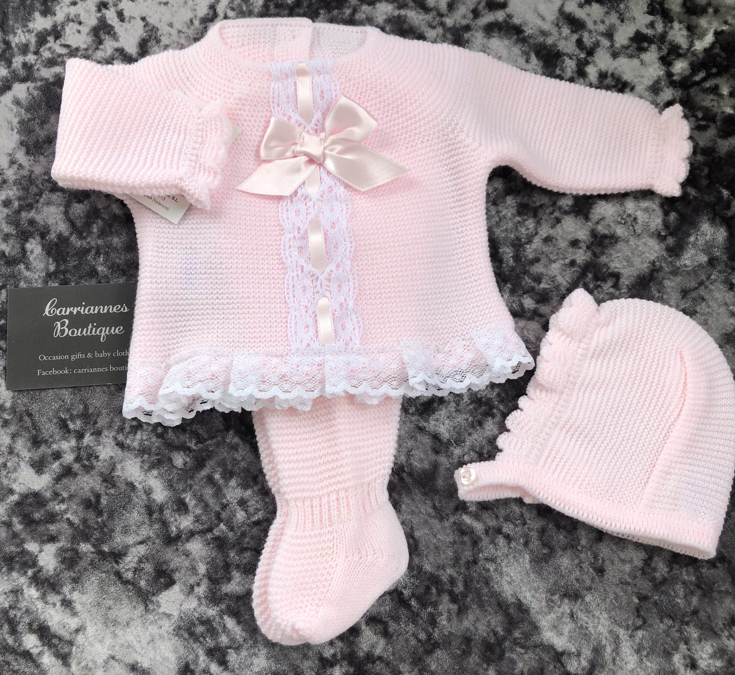 Spanish Baby Girls Boys Knitted Cardigan Pram Set Newborn Pink Blue White Boxed 