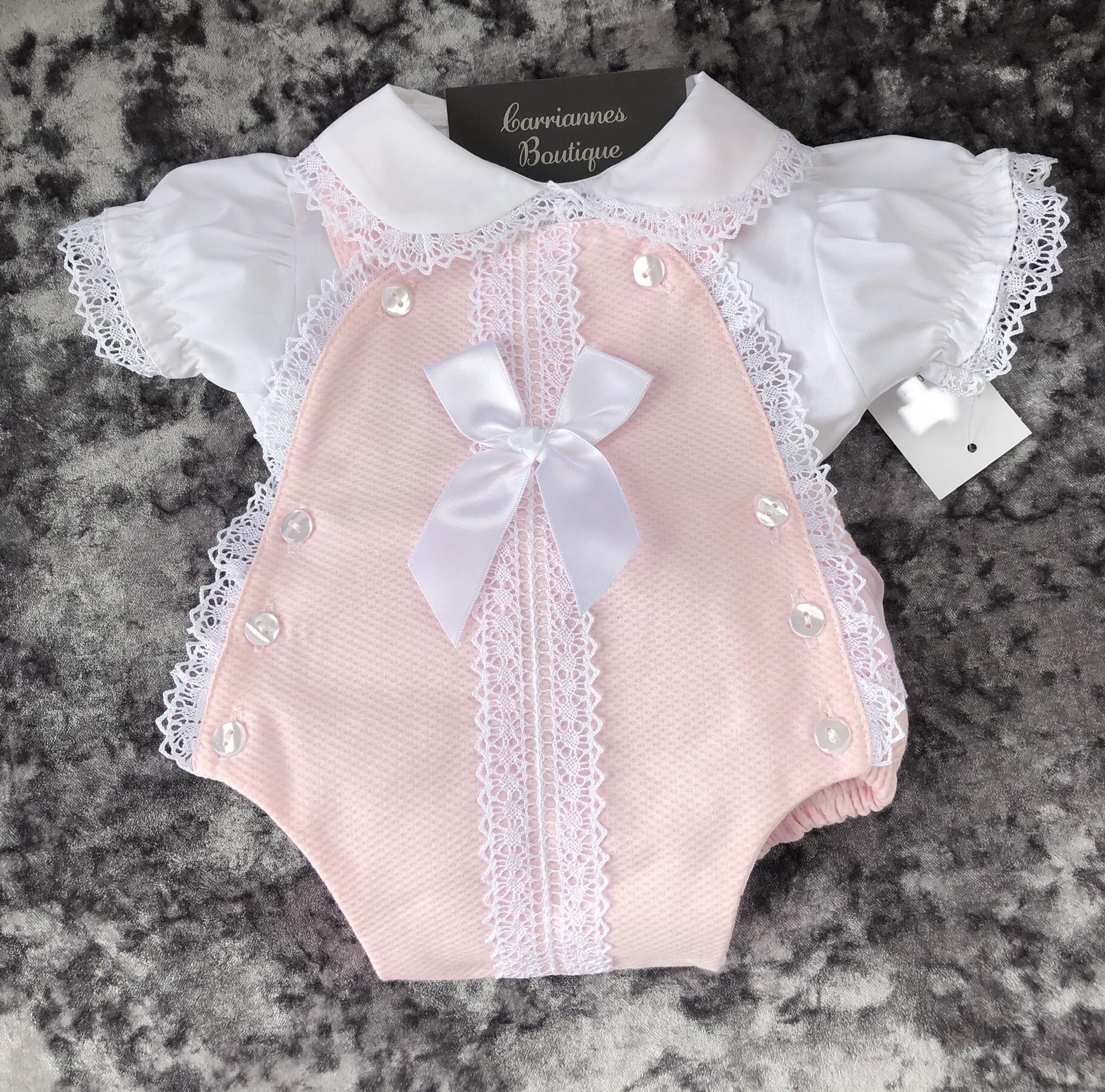 Lovely Baby Girl Spanish White Waffle Romper Lace Details Blue Bow Romany 