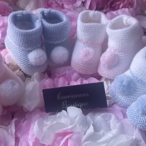 Newborn Pom baby booties knitted blue pink white
