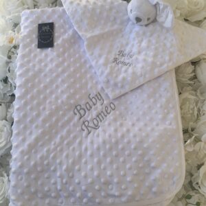 Personalised baby blanket and comforter white pink blue grey