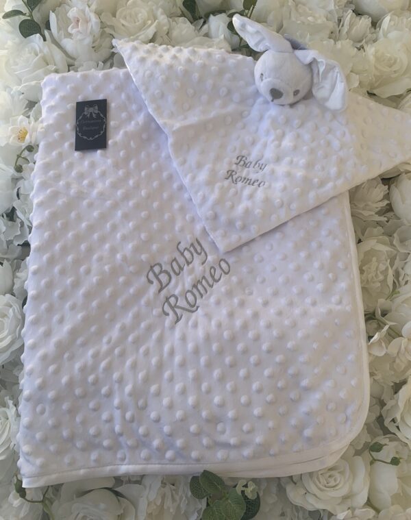 Personalised baby blanket and comforter white pink blue grey