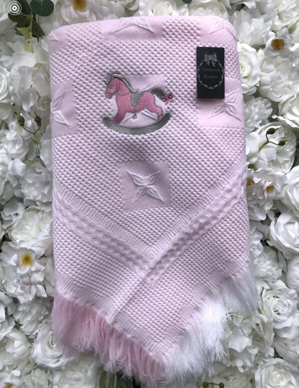 Pink baby horse embroidery personalised baby shawl