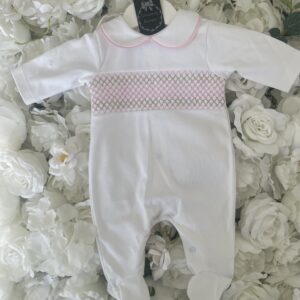 Baby girls white pink smock Sleepsuit babygrow