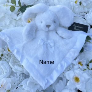 White fluffy baby comforter personalised name