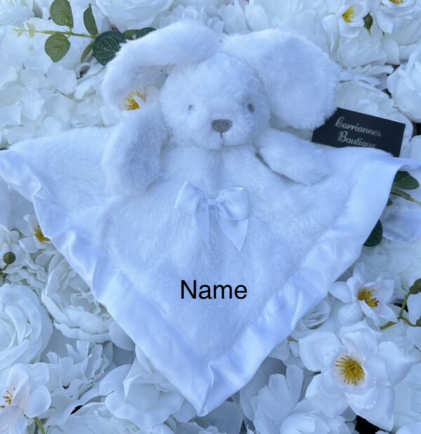 White fluffy baby comforter personalised name