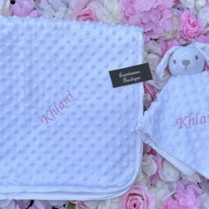 White personalised embroidery baby blanket set
