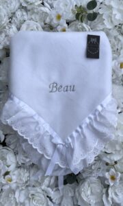 white personalised name frilly baby blanket 