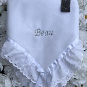 white personalised name frilly baby blanket