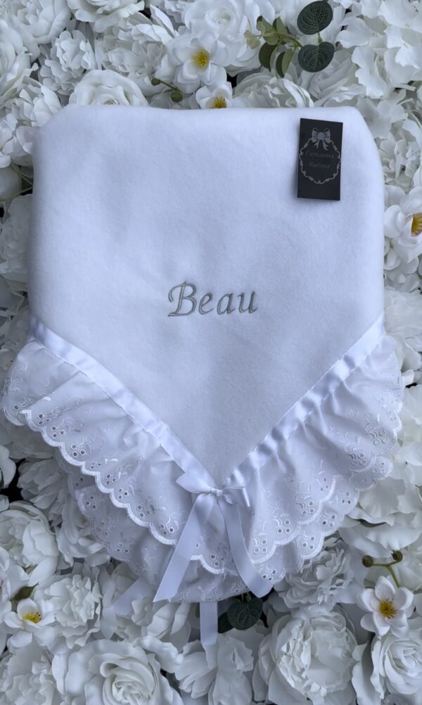 white personalised name frilly baby blanket