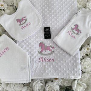 Rocking horse embroidery baby blanket set