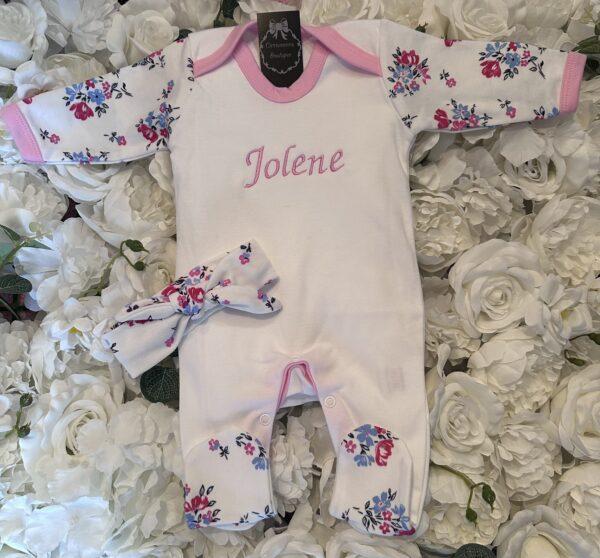 Floral flowers baby Sleepsuit personalised with embroidery