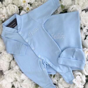 Personalised name baby blue embroidery Sleepsuit