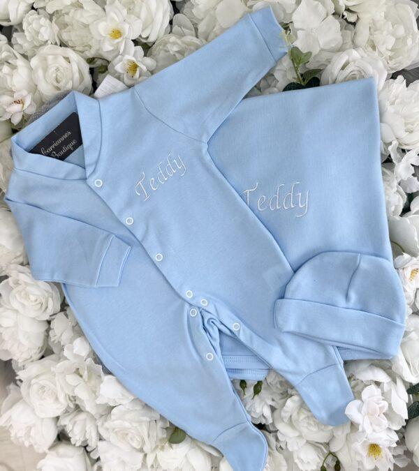 Personalised name baby blue embroidery Sleepsuit