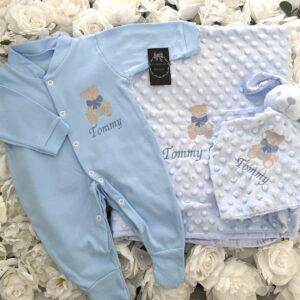 Baby personalised blue set coming home Romany boutique Sleepsuit