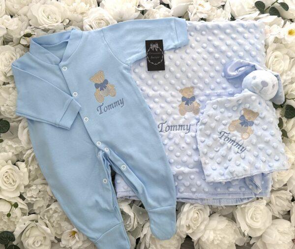 Baby personalised blue set coming home Romany boutique Sleepsuit