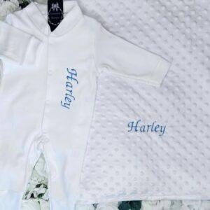 White blue embroidered baby boy blanket Sleepsuit