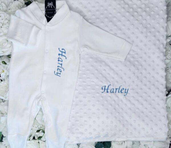 White blue embroidered baby boy blanket Sleepsuit