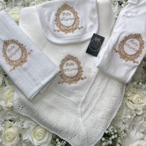 Personalised embroidery newborn baby hospital set gold