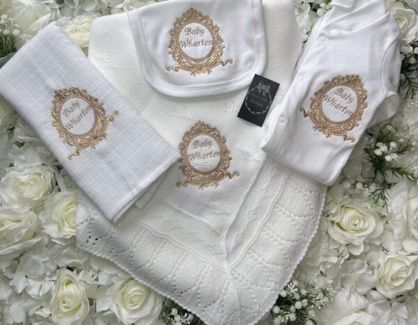 Personalised embroidery newborn baby hospital set gold